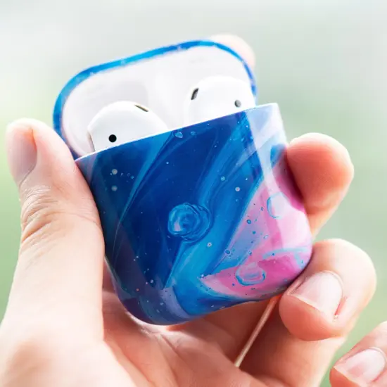 For Apple AirPods 2 / 1 Case, Blue and Pink Marble Protective Cover with Keychain for Women Men {7}