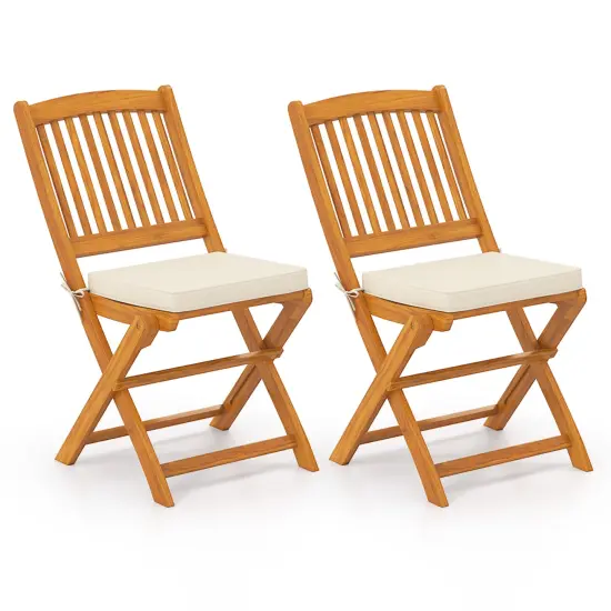 Set of 2 Armless Outdoor Folding Chairs with Seat Cushions and Slatted Backrest Beige {8}