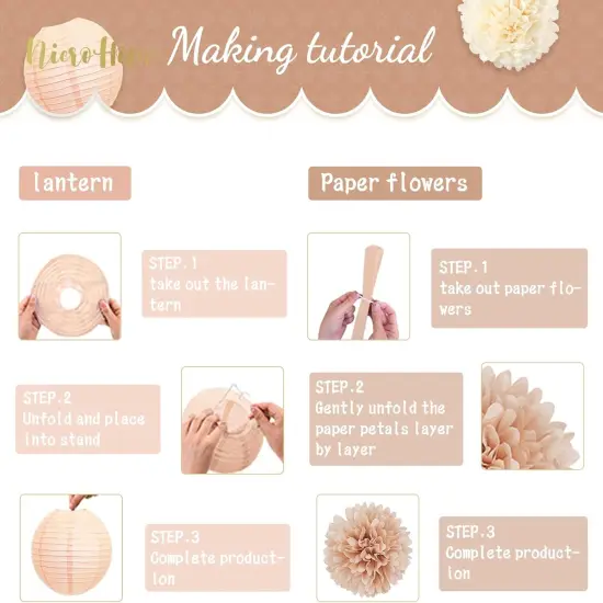 Wedding Party Decorations, 12 PCS Creamy White Tissue Paper Pom Poms and Lanterns Set, Champagne Paper Flowers for Engagement Receptions, Boho Bridal Showers Party Supplies {3}