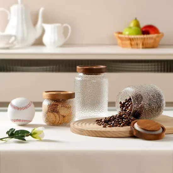 Glass Jars with Lids, Set of 3 Storage Jars with Airtight Lids Acacia Wood Top Glass Canisters - 12oz, 17oz, 25oz {2}