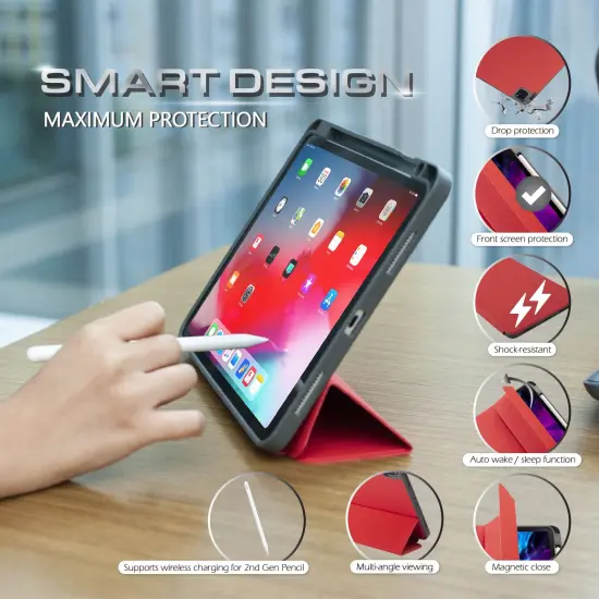 Insten - Soft TPU Tablet Case For iPad Pro 11 inch 2020, Multifold Stand, Magnetic Cover Auto Sleep/Wake, Pencil Charging, Light Red {2}