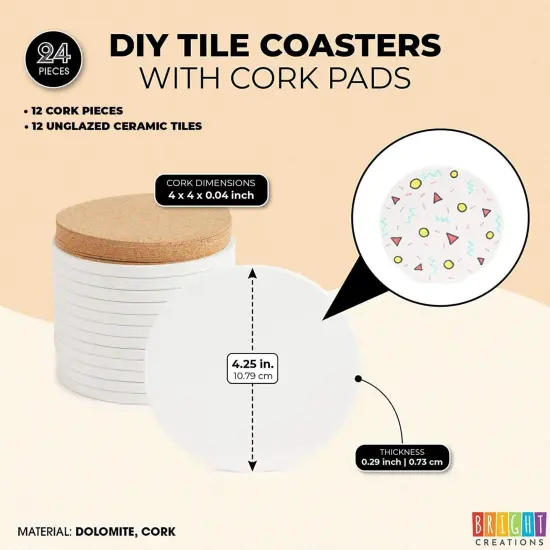 12 Round Unglazed Ceramic Tiles for Crafts with 12 Cork Pads for DIY Coasters, Acrylic Pouring, Alcohol Ink, White Blank Coasters for Painting, Art Projects (4.2 In) {5}