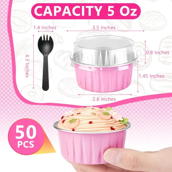 Disposable Ramekins 50 Packs with Lids and Spoons,Mini Cake Pans Round Aluminum Foil Cupcake Baking Cups Muffin Cups Tins,Disposable Cakecup Wrappers Cheesecake Creme Brulee-5 Oz (Pink) {3}