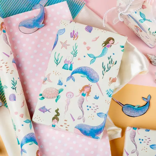 Reversible Mermaid Wrapping Paper Roll- Whale,Turtle and Sea Creature with Pink Polka Dot for Kids,Girls,Baby Shower,Birthday-Mini Roll-17 Inch X 32.8 Feet {3}