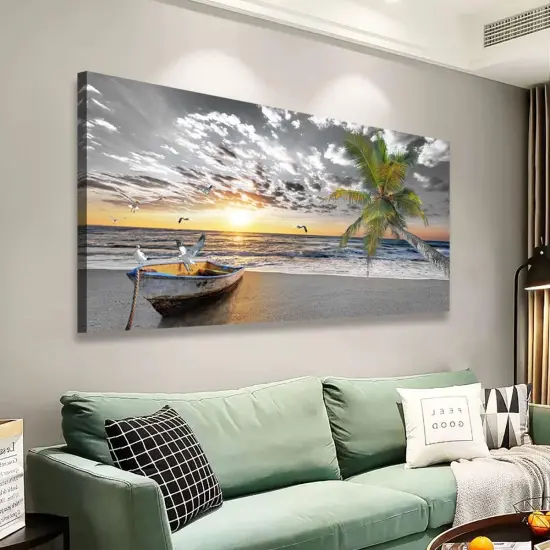 Canvas Wall Art Black and White Beach Palms Prints Paintings for Home Wall Decor Boat and Sunset Seascape Pictures Canvas Art for Living Room Bedroom Office Wall Decor Natural Scenery Artwork {1}