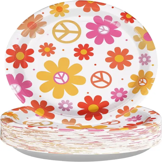 50 Pcs Summer Groovy Daisy Paper Plates, 10" 400 GSM Hippie Boho Flower Platters, Daisy Floral Dish Tray for 60s 70s {1}