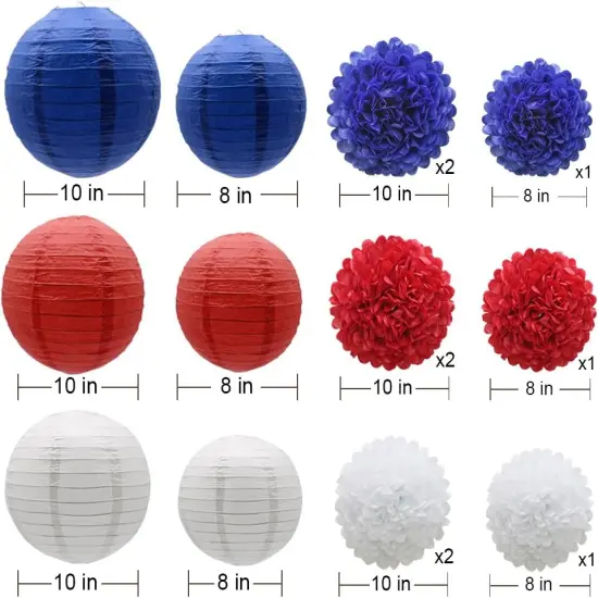 Hanging Party Decorations Set, 15pcs Navy Blue White Red Paper Flowers Pom Poms Balls and Paper Lanterns for 4th of July Decorations Patriotic Decoration Wedding Birthday Baby Shower {5}