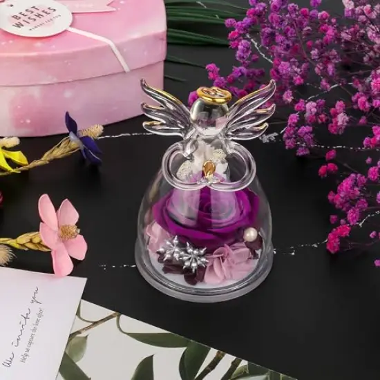 Mothers Day Mom Gifts for Her,Preserved Flowers Rose in Glass Angel Figurines,Birthday Gifts for Women,Mothers Present from Daughter,Purple Flowers Angels for Grandma Wife Sister Girlfriend Valentines {5}