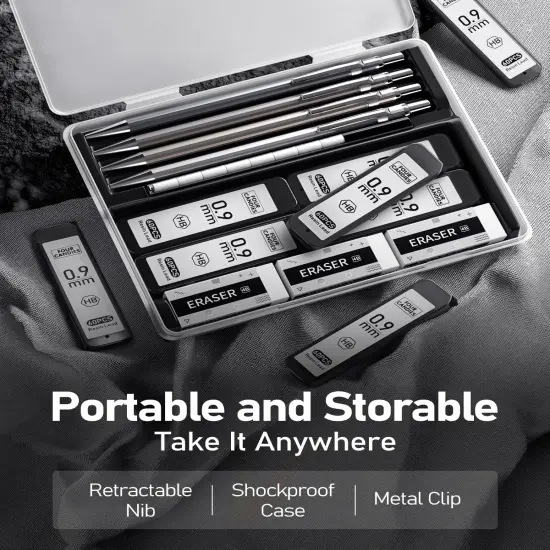 0.9mm Metal Mechanical Pencil Set with Case - 4PCS Fancy Mechanical Pencils, 8 Tubes HB #2 Lead Refills, 3PCS 4B Erasers and 9PCS Eraser Refills, Led Pencils Mechanical for Writing {5}