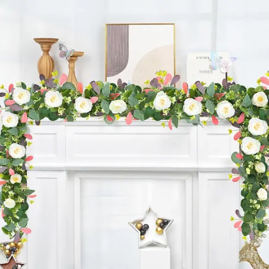 2 Pack 6.23Ft Artificial Eucalyptus Flower Garland with Flowers, Fake Rose Garland Greenery Garland Floral Vines for Wedding Spring Home Party Craft Art Table Runner Decor (Pink Leaves) {2}