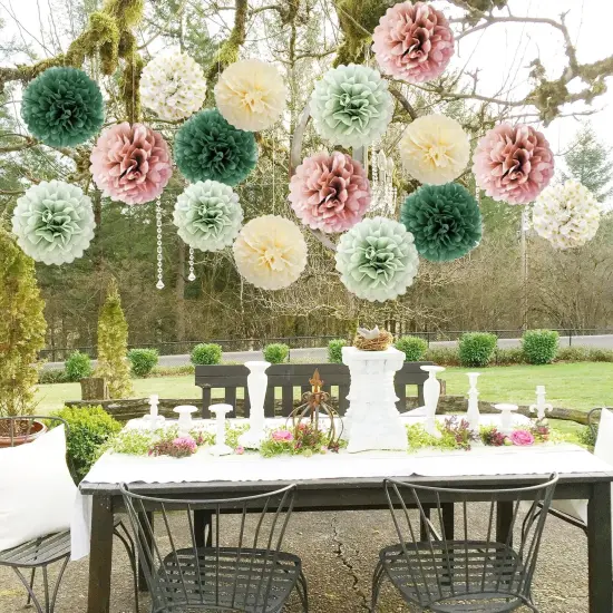 16pcs Dusty Rose Olive Sage Green Tissue Paper Pom Poms Ceiling Decors Flowers Sage Green Dusty Pink Party Decorations for Bridal Shower Baby Shower Rustic Wedding Birthday Engagement Party Decorations {2}