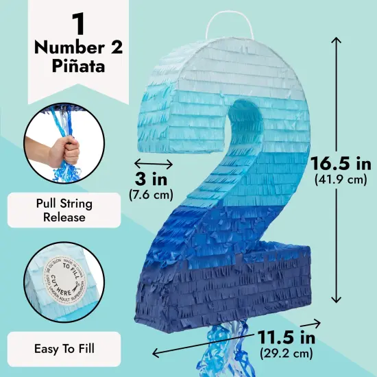 BLUE PANDA Ombre Blue Number 7 Pull String Pinata, Party Game for Kids Ages 3-14, Fillable Hanging Decoration for Birthday Decorations, Holds Candy, Toys & Confetti (16.5 x 11.5 x 3 In) {3}