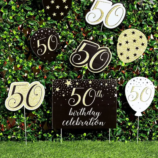 Blue Panda Happy 50th Birthday Yard Signs with Stakes (8 Pieces) Black {3}