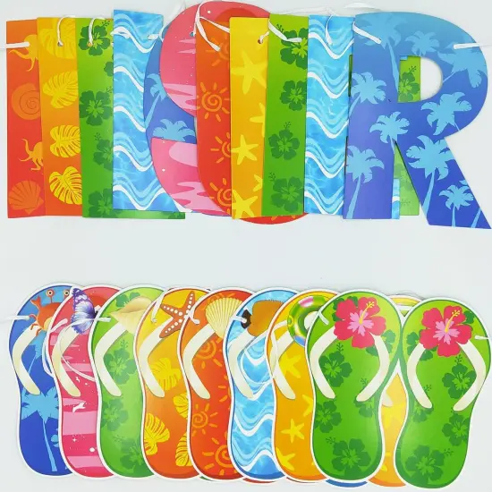 Hello Summer Banner and Colorful Flip Flop Banner Summer Hawaiian Tropical Beach Pool Slippers Garland Banner Summer Holiday {3}