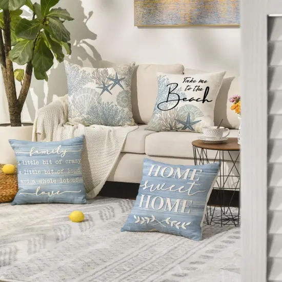 colorlife Summer Take Me to The Beach Coral Starfish Throw Pillow Covers, 18 x 18 Inch Home Sweet Home Motto Blue Cushion Case for Sofa Couch Set of 4 {2}