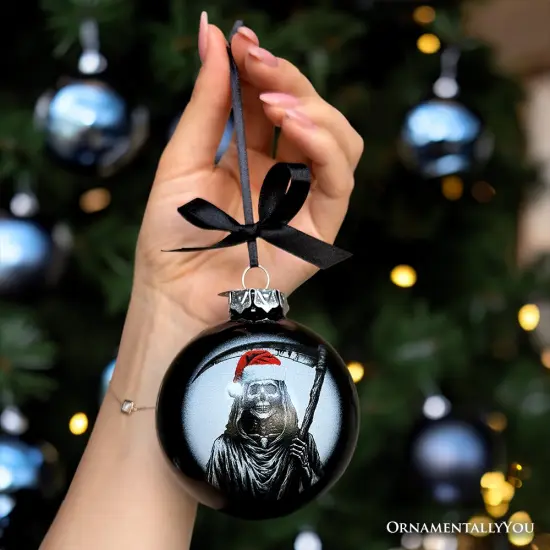 Grim Reaper Christmas Spooky Portrait Glass Ornament, Black Horror Halloween Tree Decoration {3}