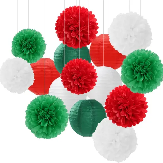 Red-Green White Party-Decorations Christmas Flowers Lanterns - 15PCS Italian Mexican Independence Day Paper Tissue Pom Poms Streamers,Mexico Italy Birthday Baby Shower Wedding Hanging Decor {1}