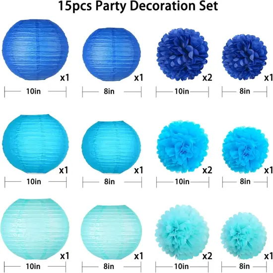 Blue Hanging Party pom pom Set, Paper Flowers Pom Poms Balls and Paper Lanterns for Under The Sea Party Decorations Wedding Birthday Bridal Baby Shower Graduation, 15pcs {2}