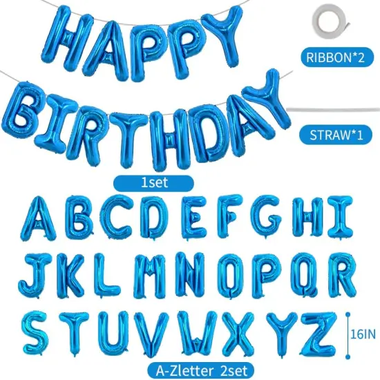 65 Pcs 16 Inch Blue Happy Birthday Balloons and 2 Sets A-Z Foil Letters Balloons DIY Personalized Phrase Banner for Birthday Celebration Halloween Thanksgiving Christmas Party Decorations {2}