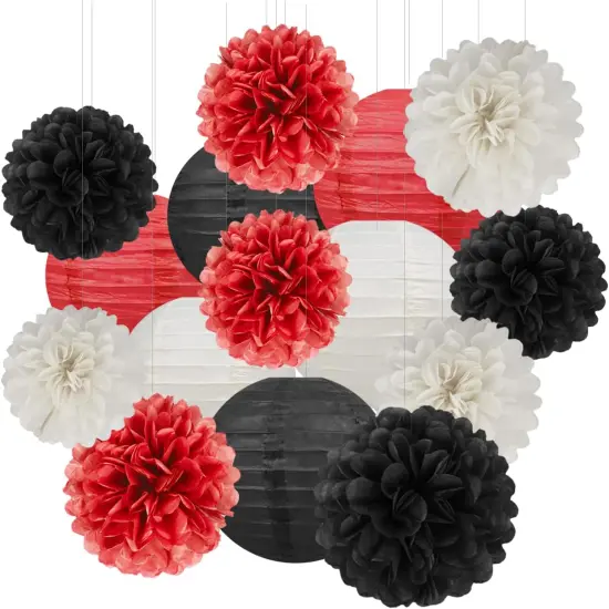 White Red Black Party Decorations - 15Pcs Tissue Paper Flower Pom Poms Lanterns Birthday Wedding Graduation Bachelorette Hanging Decor {5}