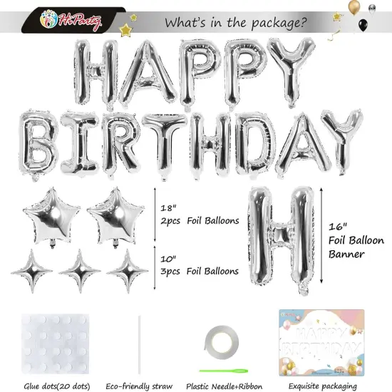 23pcs Birthday Balloons Banner, 3D Silver Premium Mylar Foil Ecofriendly Letter Happy Birthday Banner with 5pcs Star Balloons Kits for Kids Boys Men Adults Birthday Party Decorations {2}