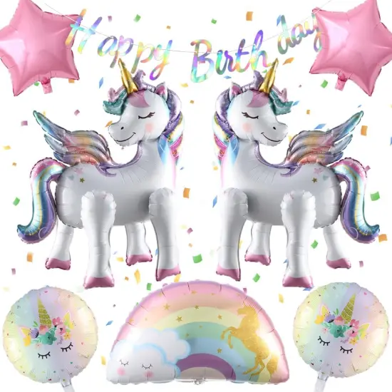 8Pcs Self-Standing Unicorn Balloons Rainbow and Star Foil Balloons with Happy Birthday Banner for Baby Shower Unicorn Birthday Party Decorations (standing set) {1}