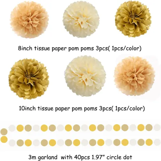 White Gold Champagne Party Decorations - 23pcs Tissue Pom Poms Streamers,Christmas Wedding Engagement Tassel Garland Banner,Bachelorette Neutral Birthday Baby Bridal Shower Decor Lasting Surprise {2}