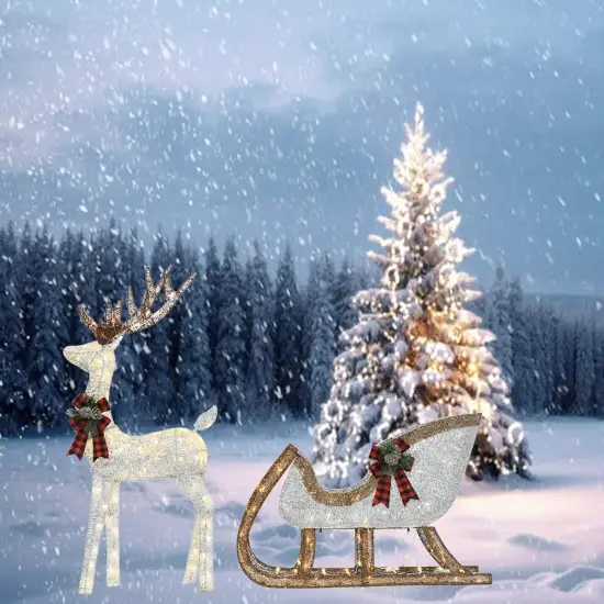 Silver Cotton Thread Deer and Sleigh Set 48" Deer & 38" Sleigh Decor {5}