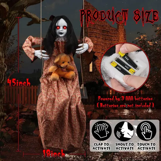 3.75 Ft Scary Halloween Decorations Hanging Swinging Girl {2}