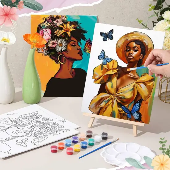 16 Sets Pre Drawn Canvas to Paint for for Adults Kids Party Supplies(Black Girl) {4}