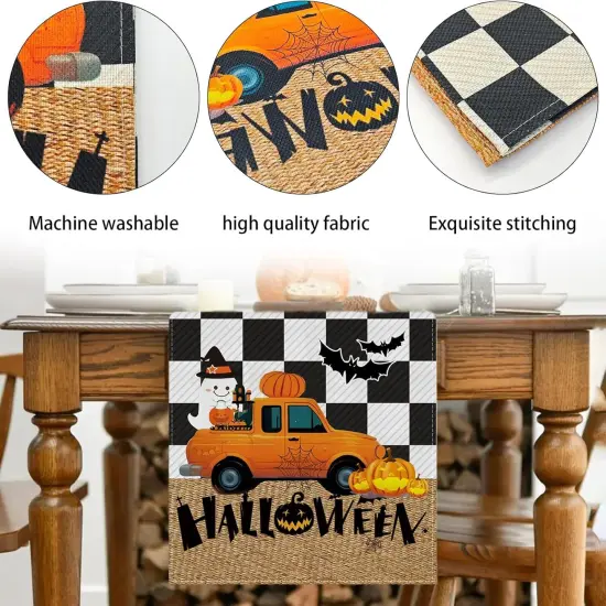 13x72 Inch Long Linen Fall Cute Plaid Bat Pumpkin Table Runner {3}