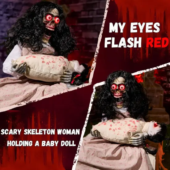 Halloween Animatronics - Creepy Sitting Skeleton & Doll {2}