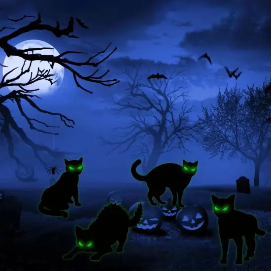4Pcs Black Cat Yard Sign With Stakes Scary Cat Silhouette &Glow In Dark Eyes {6}