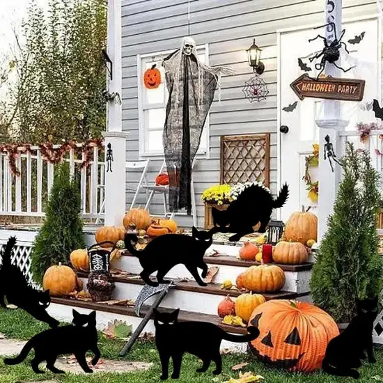 6Pack Halloween Black Cat Decorations Signs with Stakes Glow in the Dark Eyes {4}