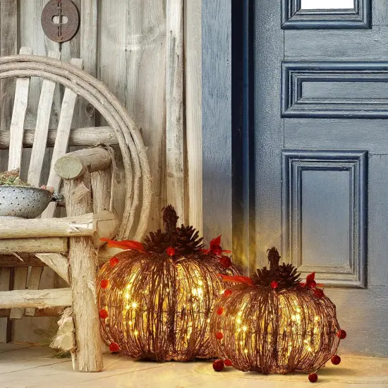 2 Pcs Rattan Lighted Pumpkin Fall Decorations - Brown {4}