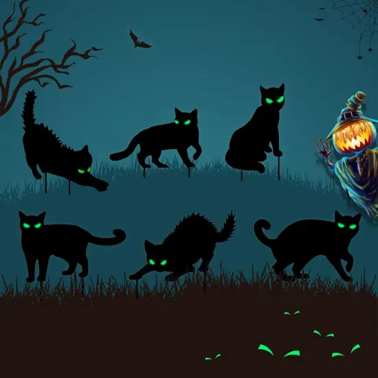 6Pack Halloween Black Cat Decorations Signs with Stakes Glow in the Dark Eyes {2}