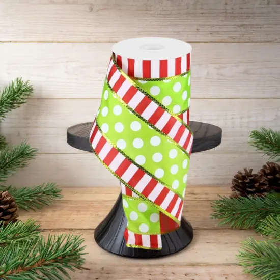 4" Striped Edge Polka Dot Ribbon: Red, Green & White (10 Yards) {3}