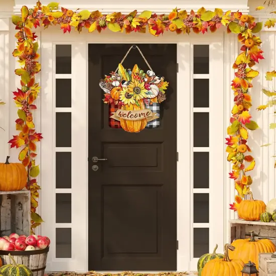Fall Floral Welcome Sign Thanksgiving Wooden Hanging Door Sign(Gold, Red, and White) {4}