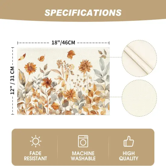 Set of 4 Fall Floral Grass Placemats - 12x18 Inch (Beige) {5}