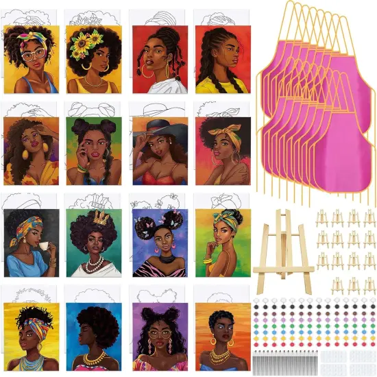 16 Pack Girls Night Sip and Paint Kit - Pre Drawn Canvas with Easels (8" X 10") {1}