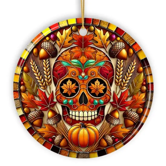 Autumn Harvest Sugar Skull Ornament, Vibrant Fall Foliage Christmas Gift and Decor {7}