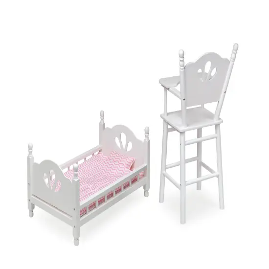 Badger Basket English Country Doll High Chair and Bed Set with Chevron Bedding and Free Personalization Kit - White/Pink {5}