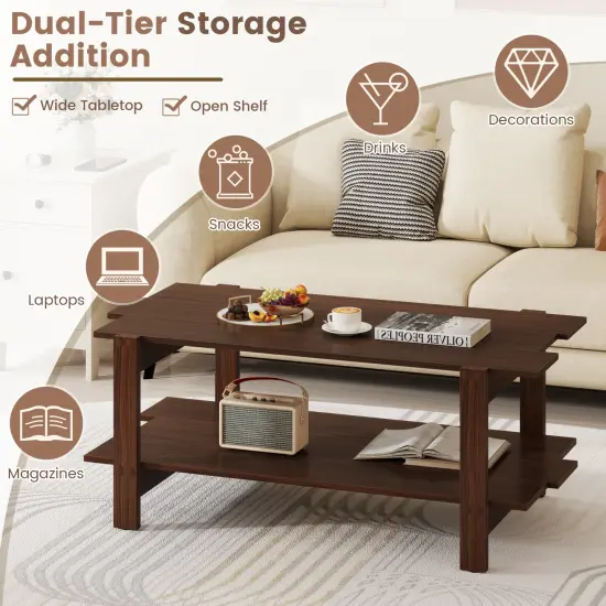 Walnut Engineered Wood 2-Tier Coffee Table with Slatted Shelf {3}