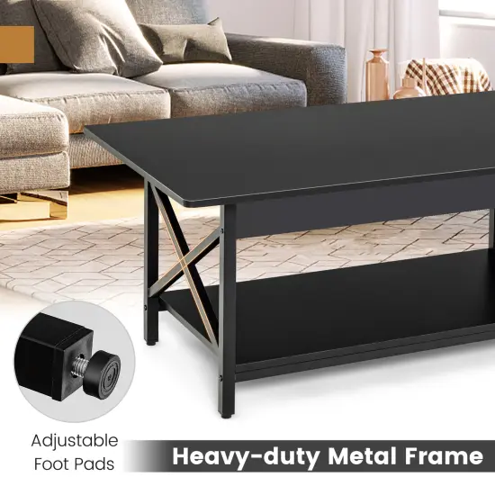 Black Wood Metal Coffee Table with Shelf, X Shaped Frame {6}