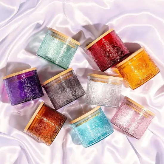 10 oz Embossed Glass Candle Container with Bamboo Lids and Labels - Pack of 9 {2}