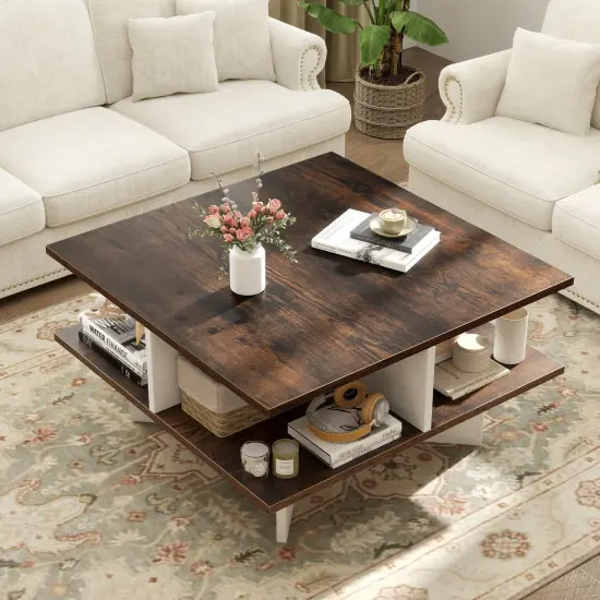 Rustic Brown Engineered Wood Coffee Table with Storage Compartments 2 Tier {2}