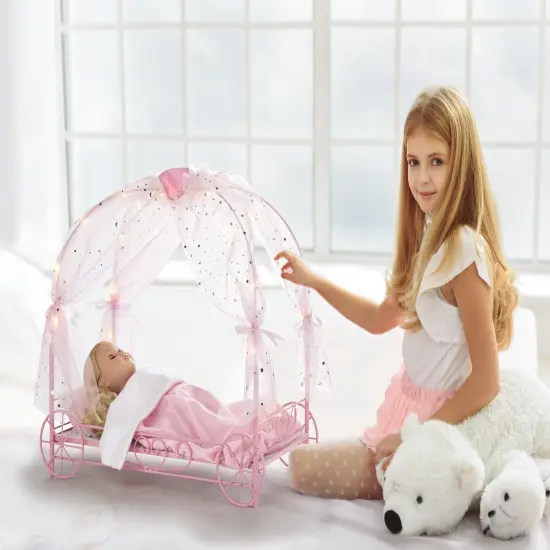 Badger Basket Royal Carriage Metal Doll Bed with Canopy, Bedding and LED Lights - Pink/White/Stars {2}