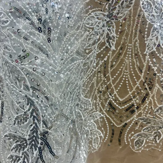 1 Yard Silver Beaded & Sequined Embroidered Lace Fabric on 100% Polyester Mesh, 52" Wide White {5}