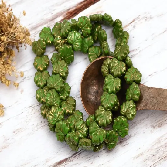 *20* 10x13mm Gold Lustered Olive Green Maple Leaf Beads {2}