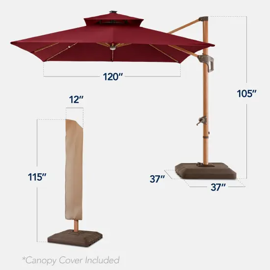 Best Choice Products 10ft Square Woodgrain Pattern 2-Tier Outdoor Solar LED Cantilever Umbrella w/ Base Burgundy {2}